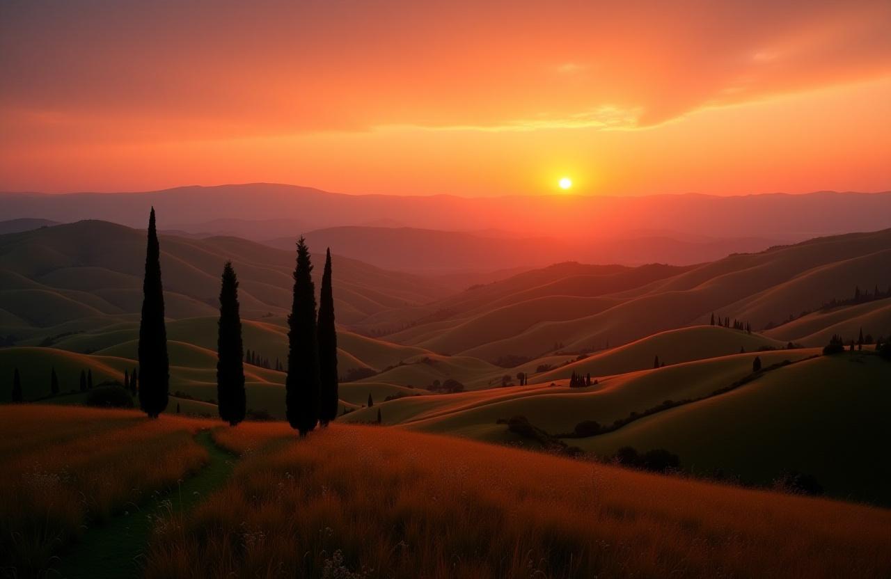 Ampio panorama delle colline toscane al tramonto con cipressi.