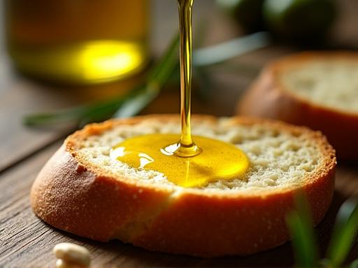 Primo piano di olio d'oliva versato su una fetta di pane toscano.