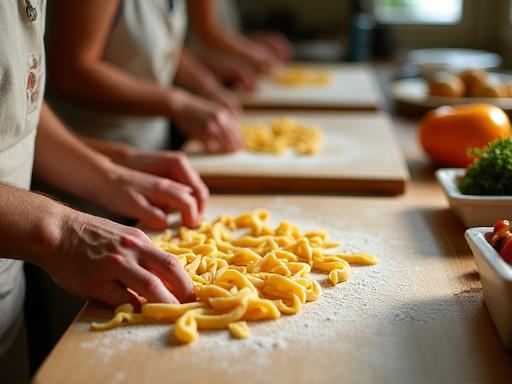 Ospiti che preparano pasta fresca a mano durante una lezione di cucina.