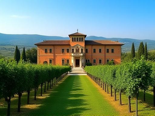 Facciata di una storica villa toscana circondata da vigneti.